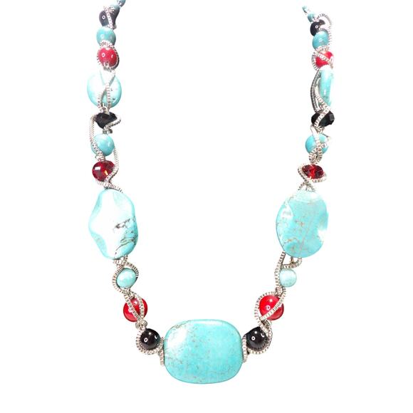 Turquoise Red & Black Color Necklace Silver Tone Chain - Picture 1 of 7